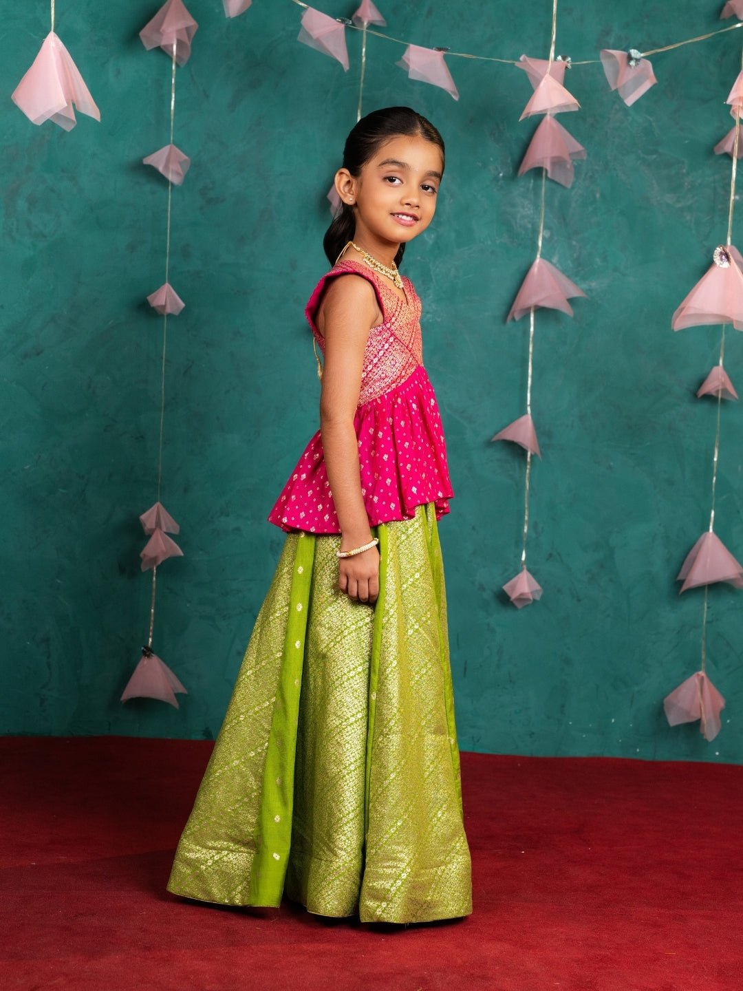 Girls Rani Pink Peplum Top with Green Lehenga Set (Set of 2)