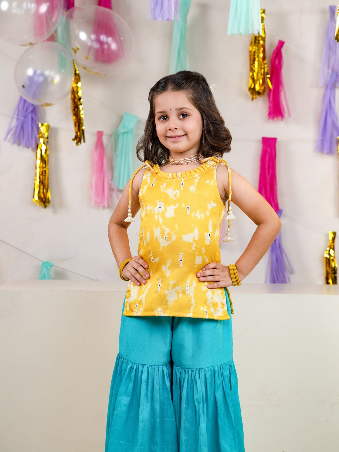 Girls Satin Shoulder Strap Kurti with Sharara Pant (Set of 2)