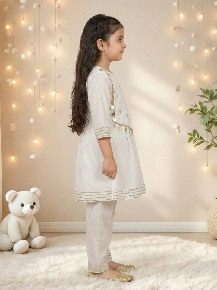 Girls White Embroidered Anarkali Kurti and Pant (Set of 2)