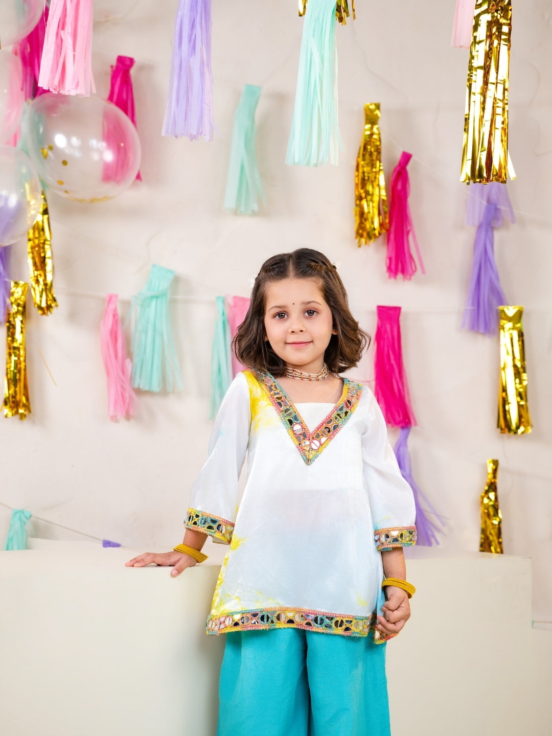 Girls White Tie-Dye Kurti with Blouse and Sky Blue Palazzo Set (Set of 3)