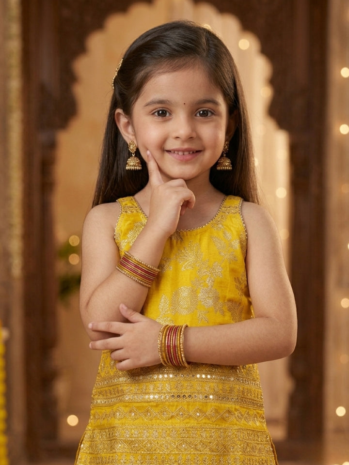 Girls Yellow Embroidered Silk Top with Palazzo (Set of 2)