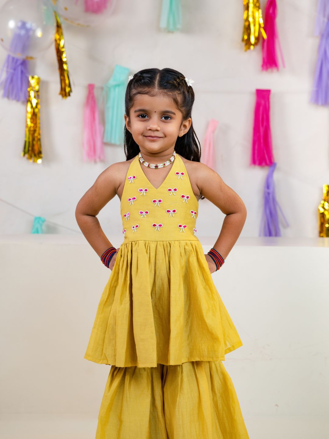 Girls Yellow Festive Halter Neck Sharara Co-Ord Set (Set of 2)