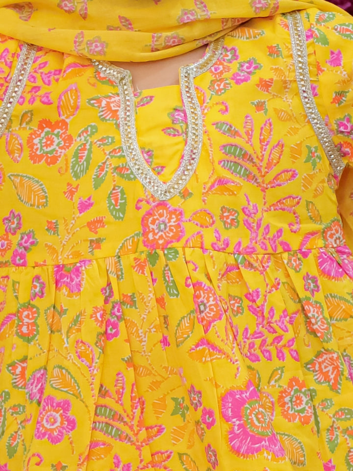 Girls Yellow Printed Cotton Anarkali Sharara Set with Dupatta