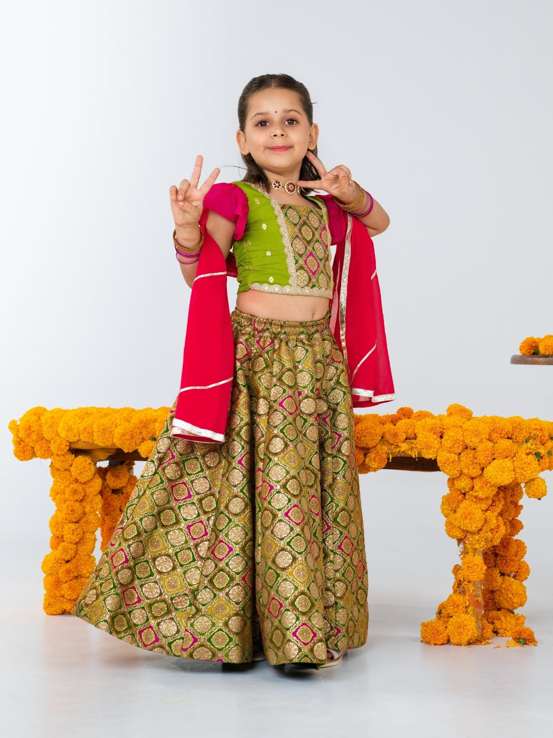 Boys Green Kurta & Girls Brocade Lehenga Sibling Set