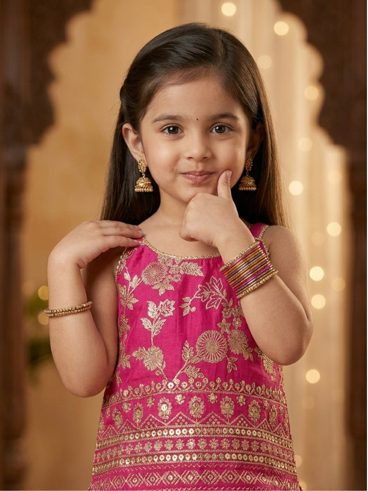 Girls Pink Embroidered Silk Top with Palazzo (Set of 2)