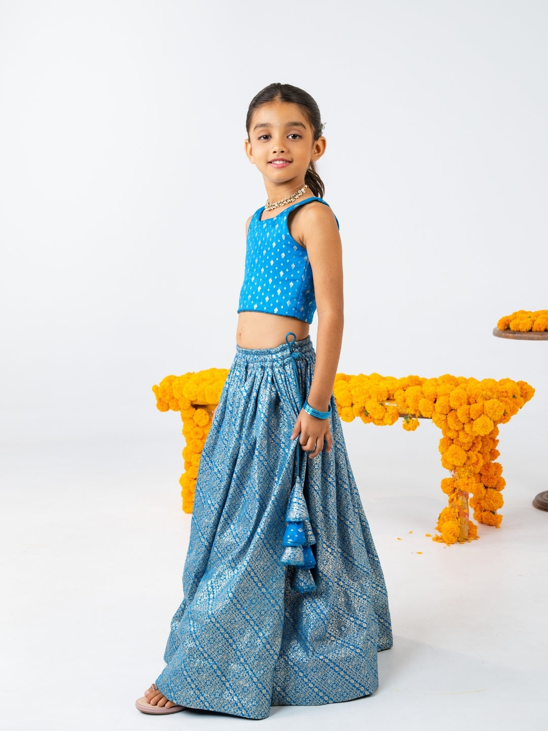 Boy's Blue Kurta Set with Girls Top with Zari Lehenga Set