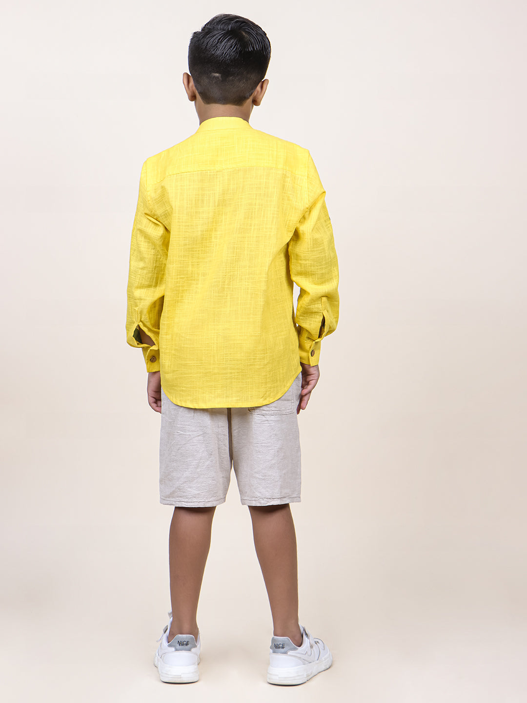 Boys Yellow Colorblocked Rolled up Cotton Shirt