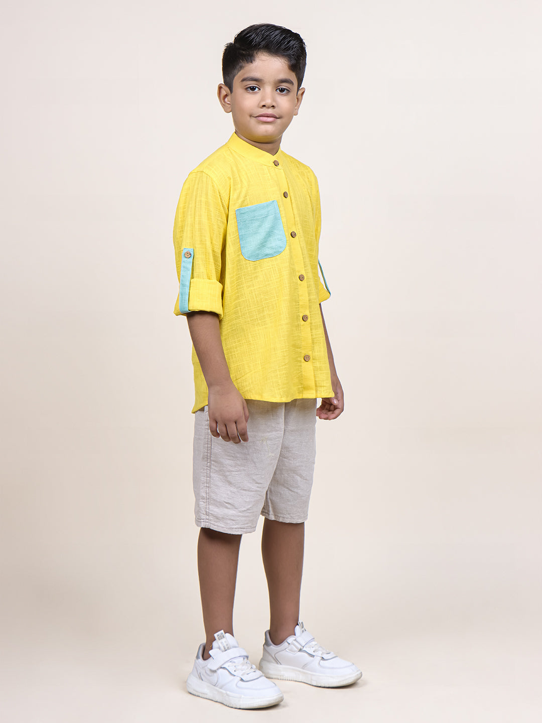 Boys Yellow Colorblocked Rolled up Cotton Shirt
