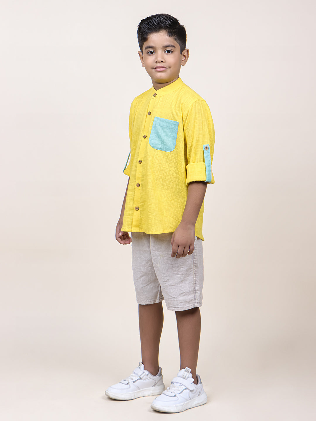 Boys Yellow Colorblocked Rolled up Cotton Shirt