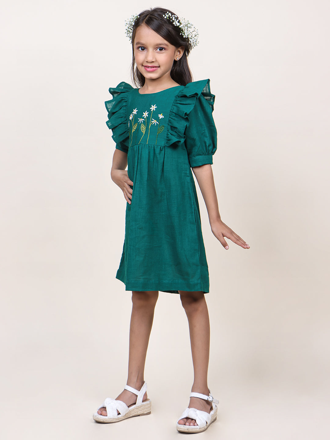 Girls Green Embroidred Cotton dress