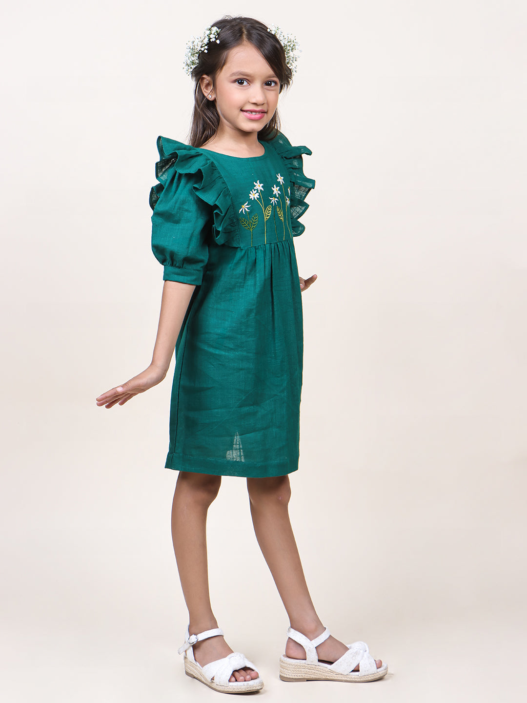 Girls Green Embroidred Cotton dress