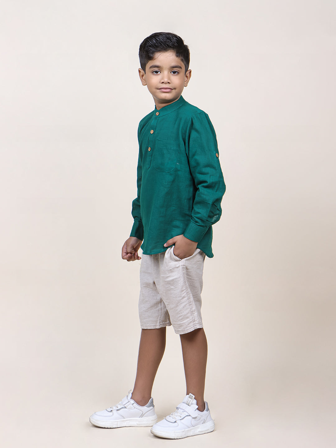Boys Green Rolled Up Cotton Shirt