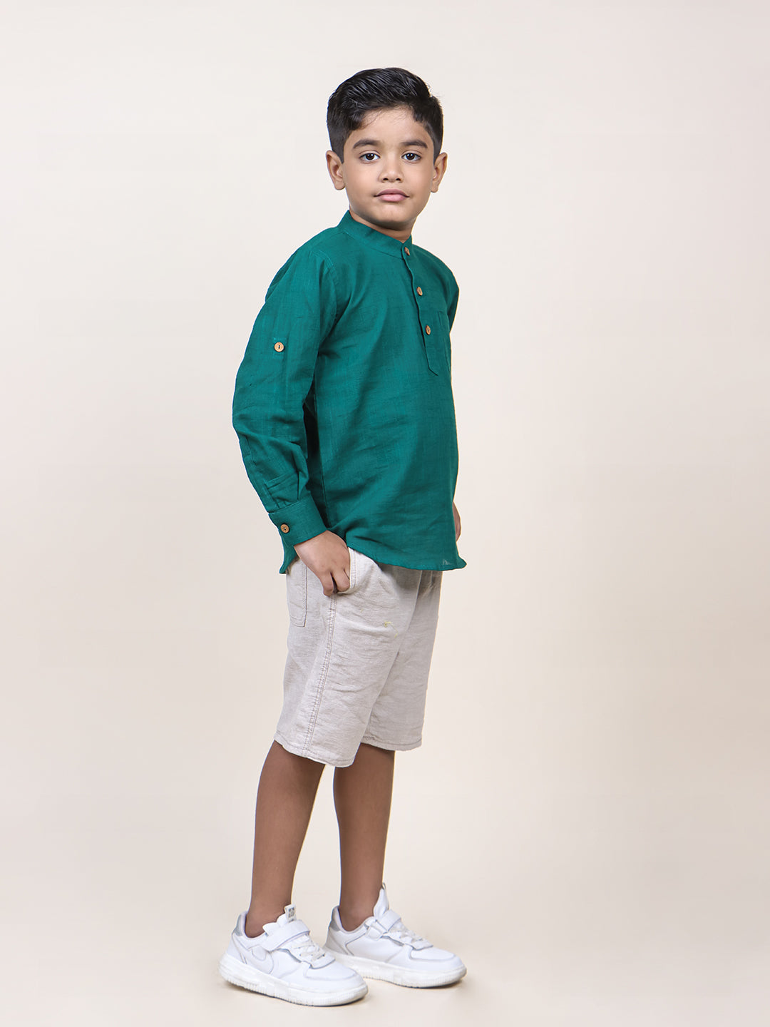 Boys Green Rolled Up Cotton Shirt