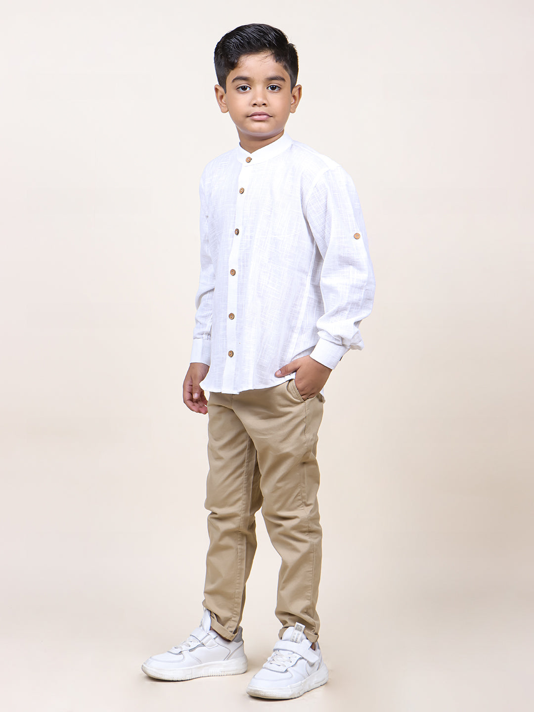Boys White Rolled Up Cotton Shirt