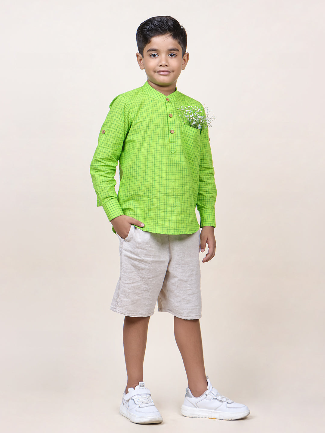 Boys Green Checks Cotton Shirt