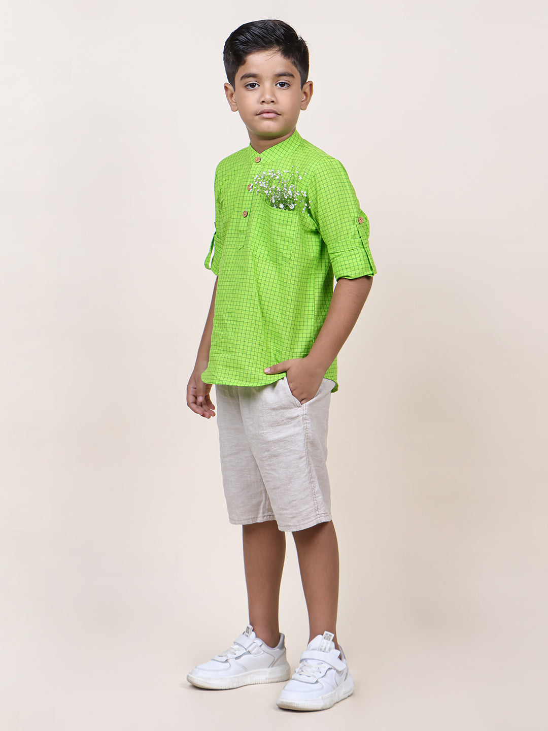 Boys Green Checks Cotton Shirt