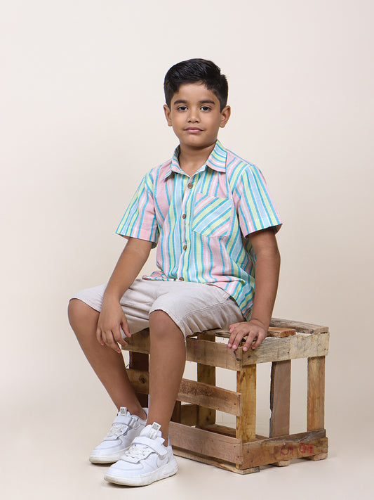 Boys Blue Stripes Half Sleeve Cotton Shirt