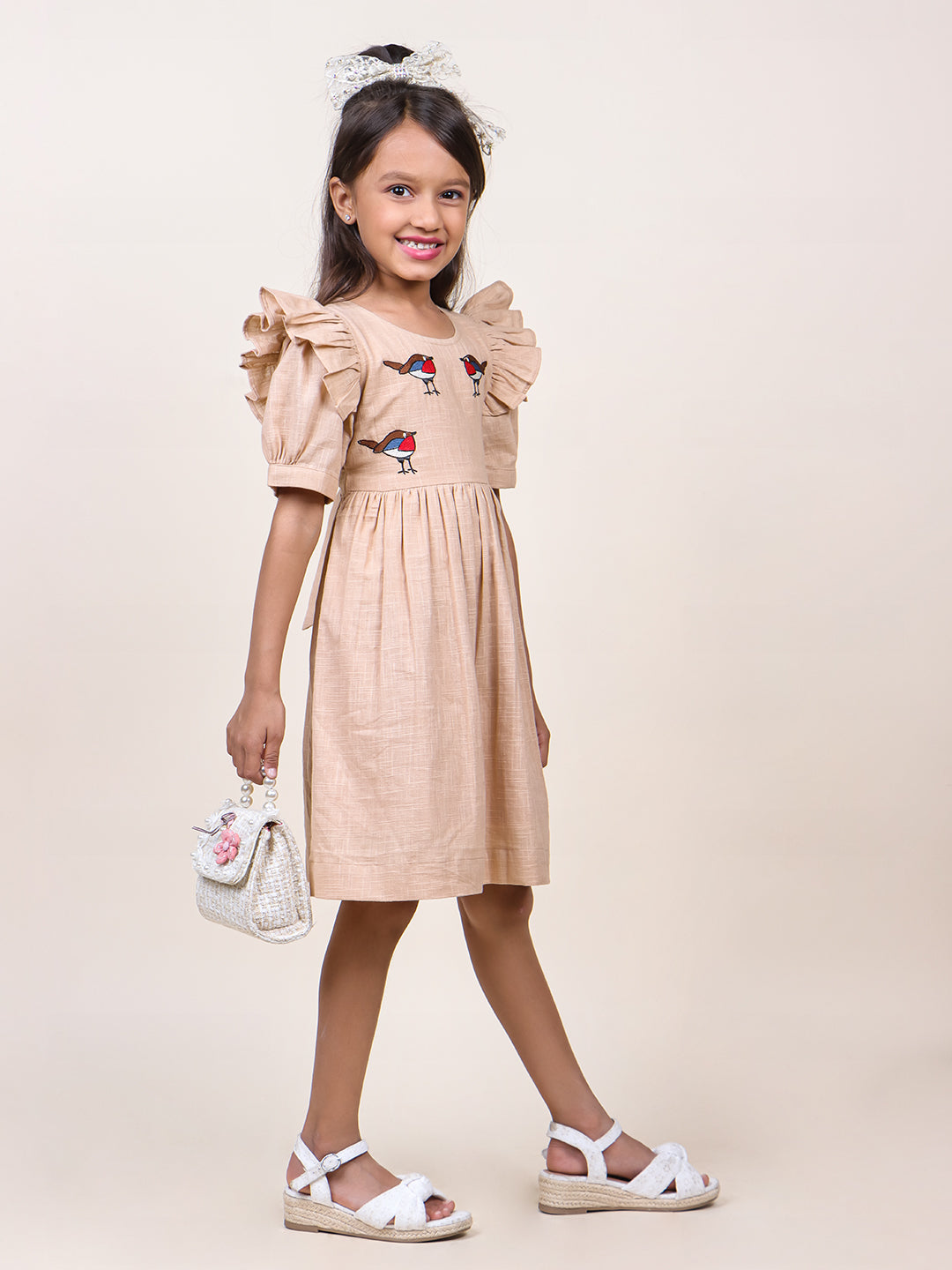 Girls Beige Embroidred Cotton dress