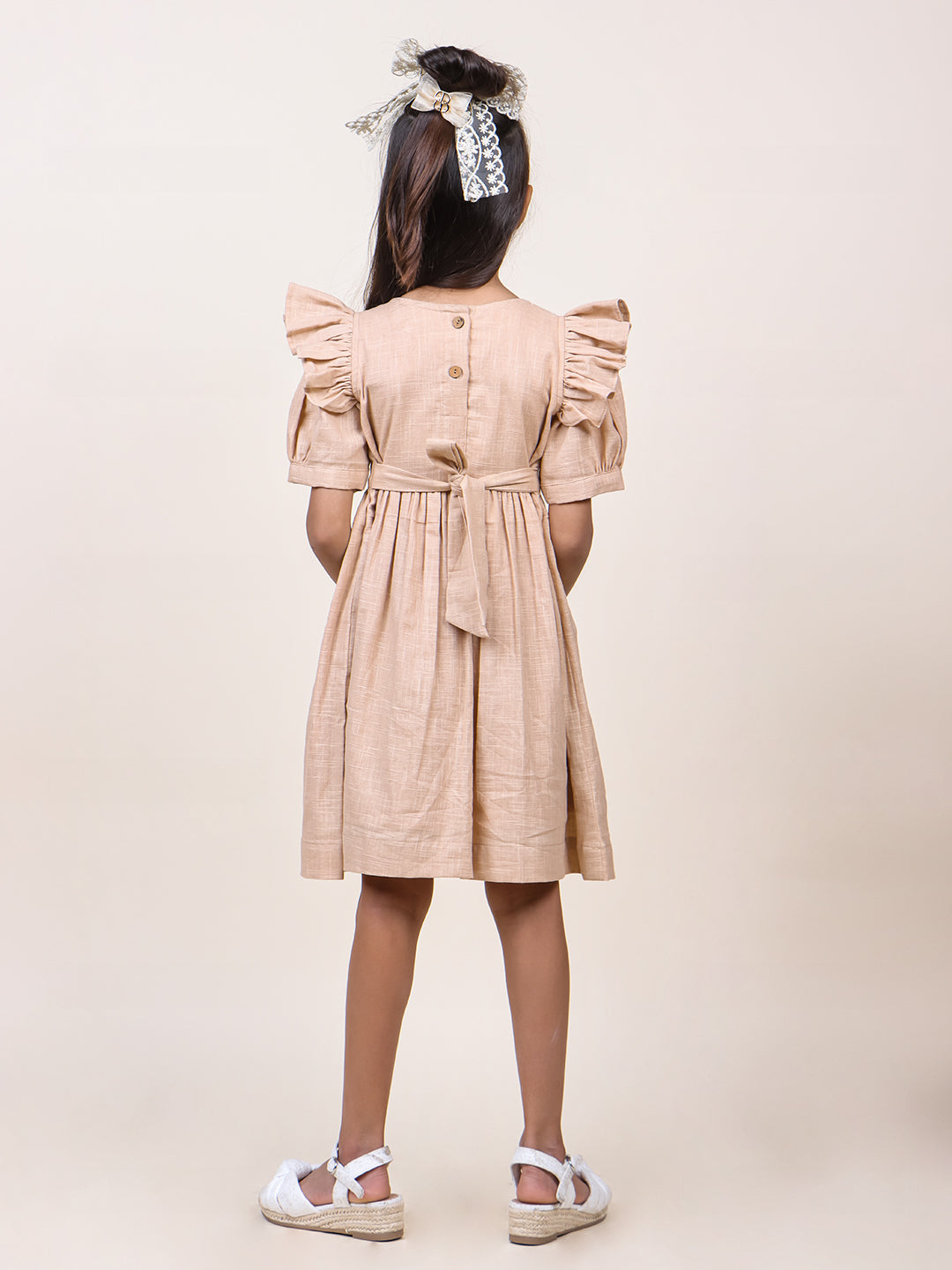 Girls Beige Embroidred Cotton dress
