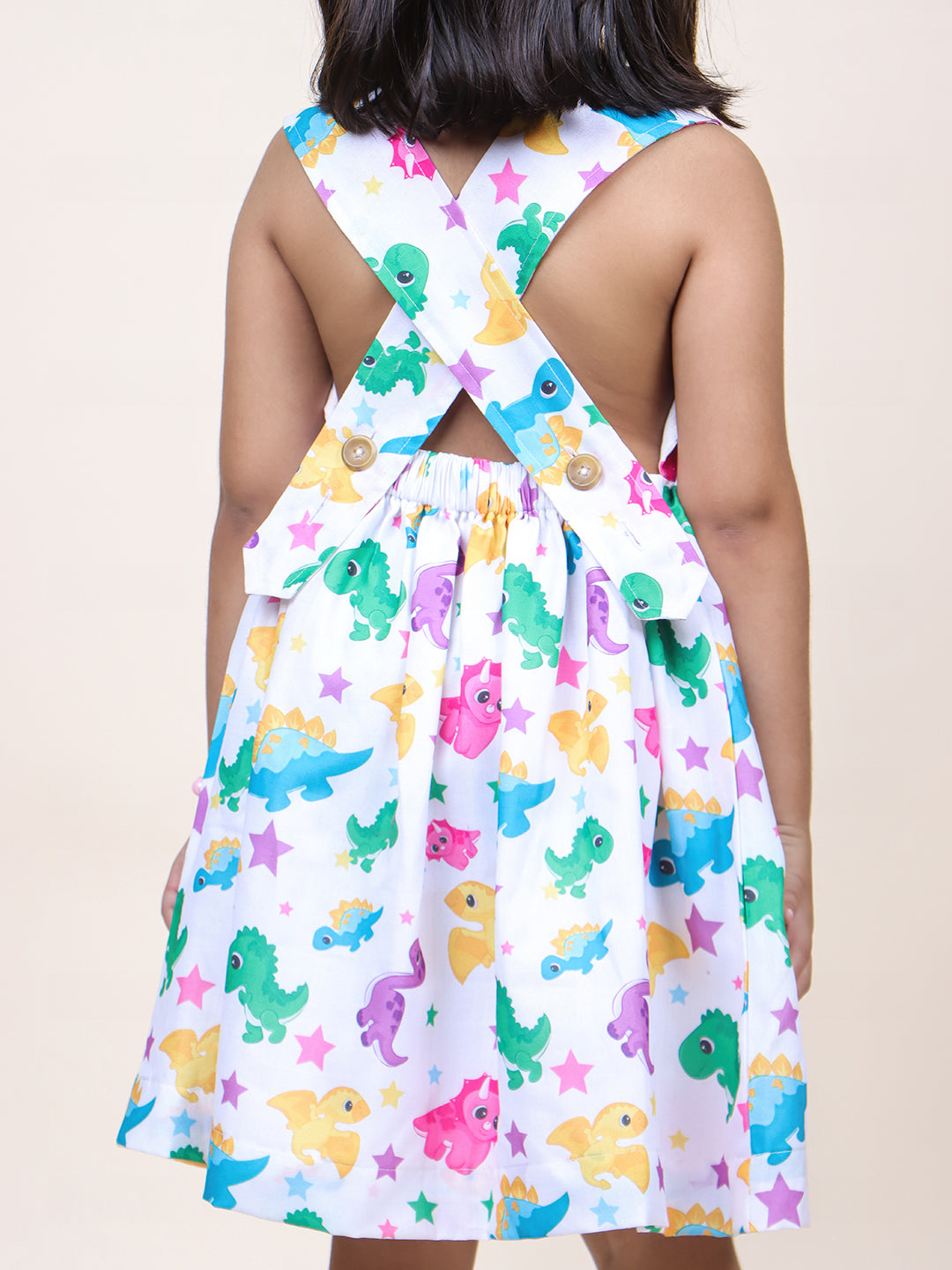 Girls White Animal Printed Cotton Dress