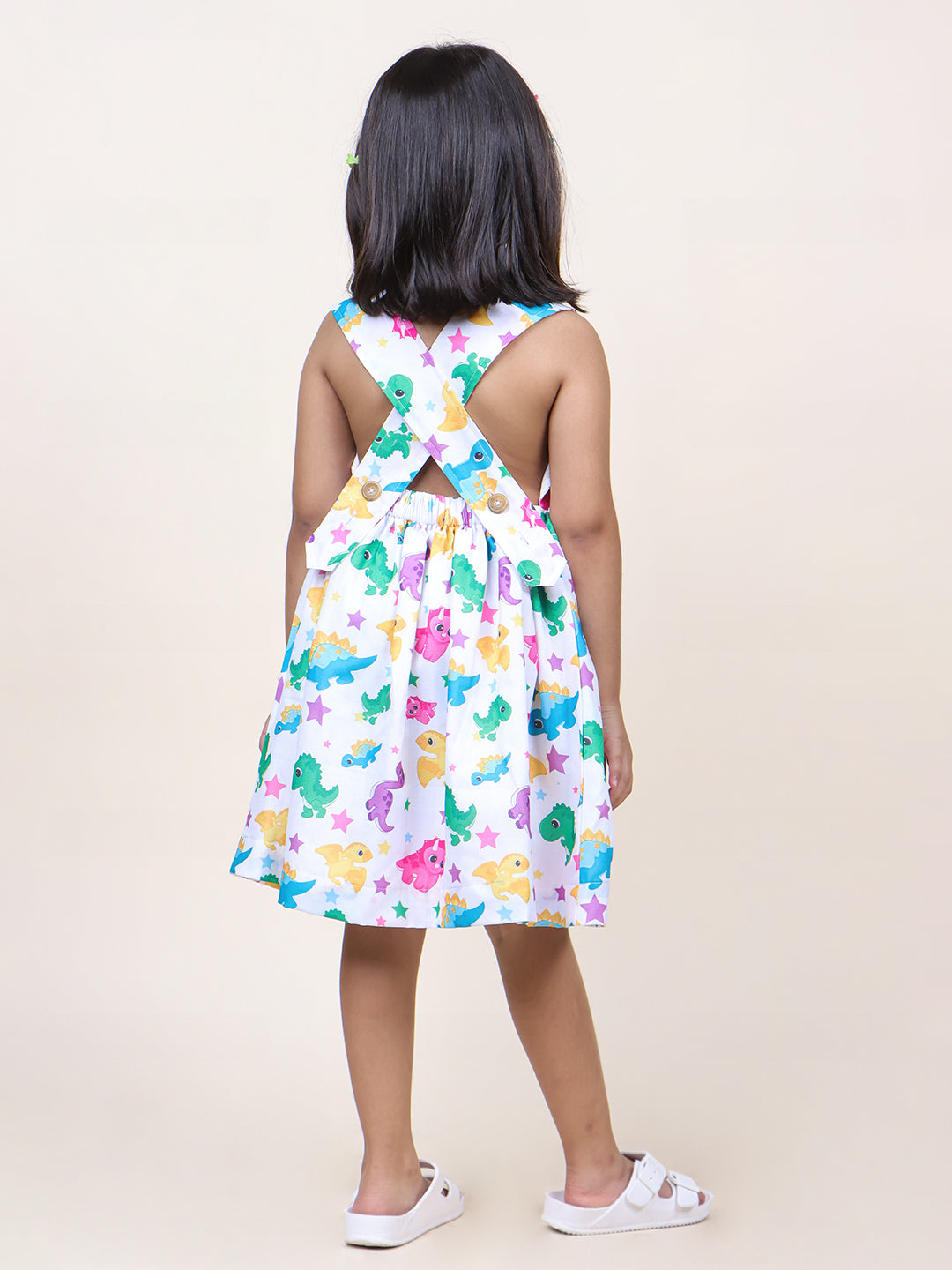 Girls White Animal Printed Cotton Dress