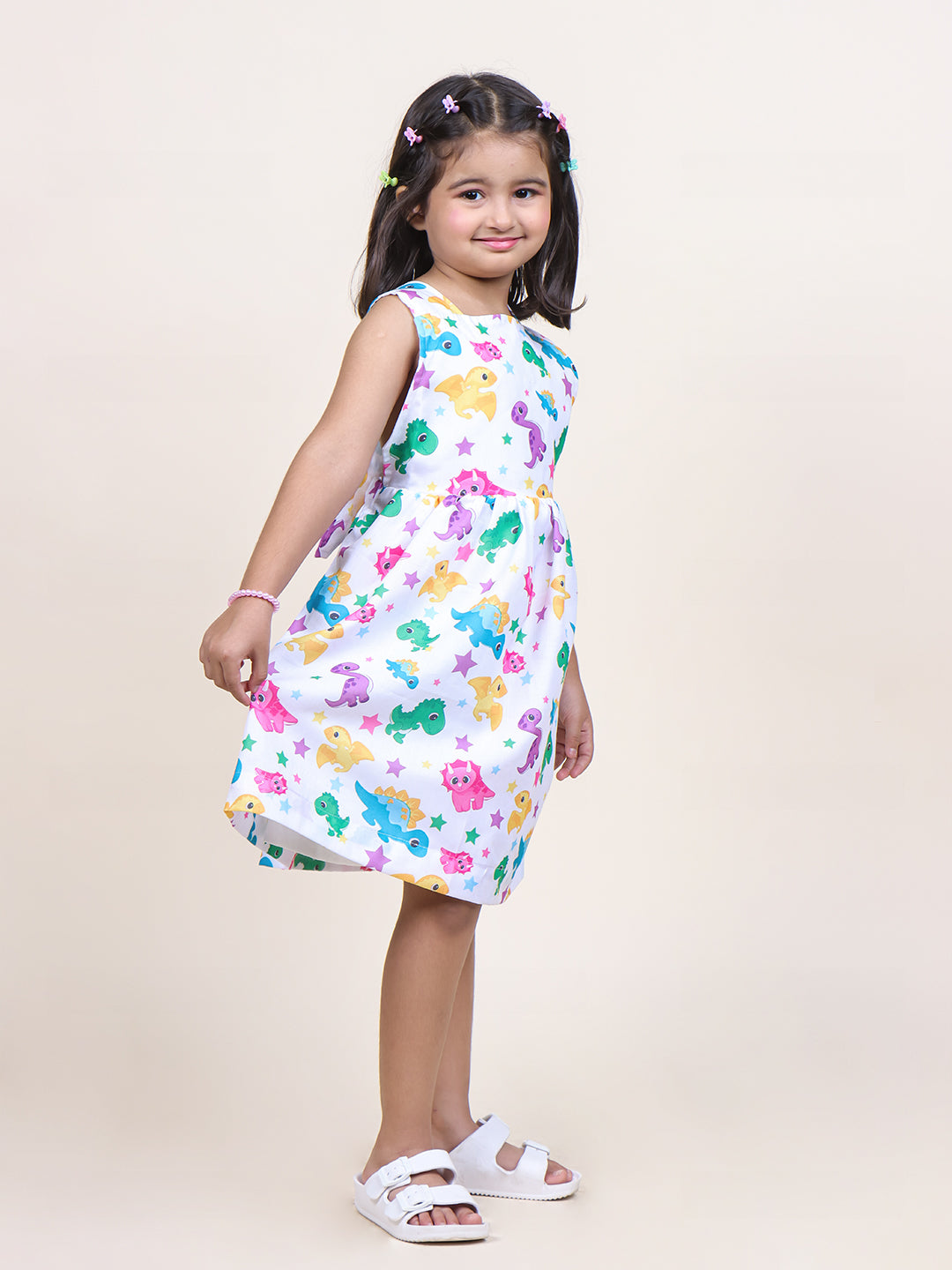 Girls White Animal Printed Cotton Dress