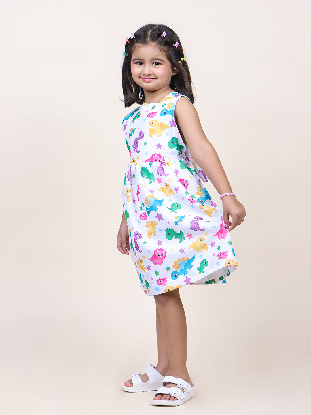 Girls White Animal Printed Cotton Dress