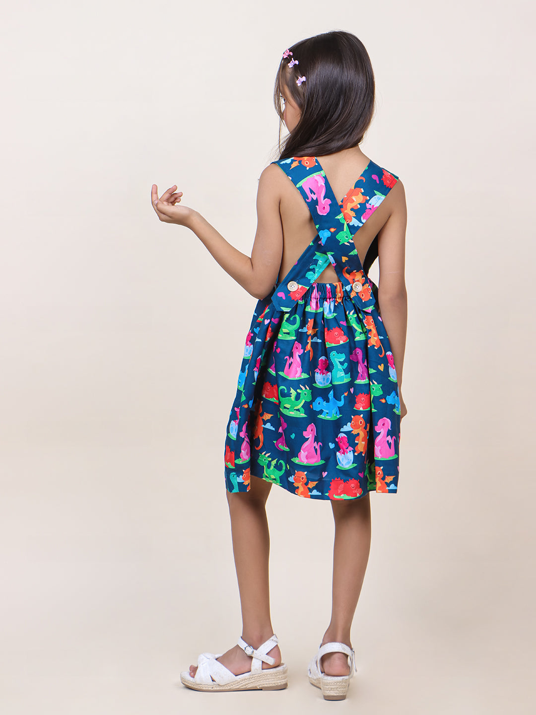 Girls Navy Blue Animal Printed Cotton Dress