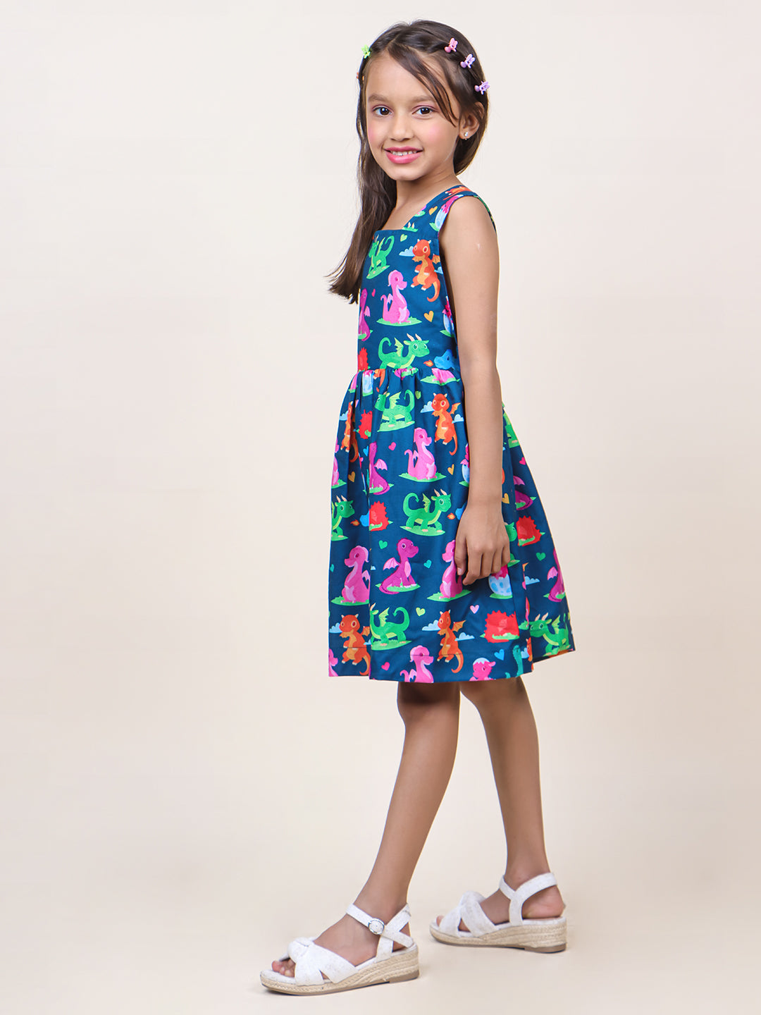 Girls Navy Blue Animal Printed Cotton Dress