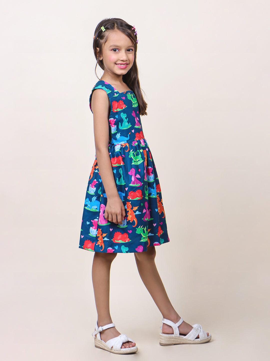 Girls Navy Blue Animal Printed Cotton Dress