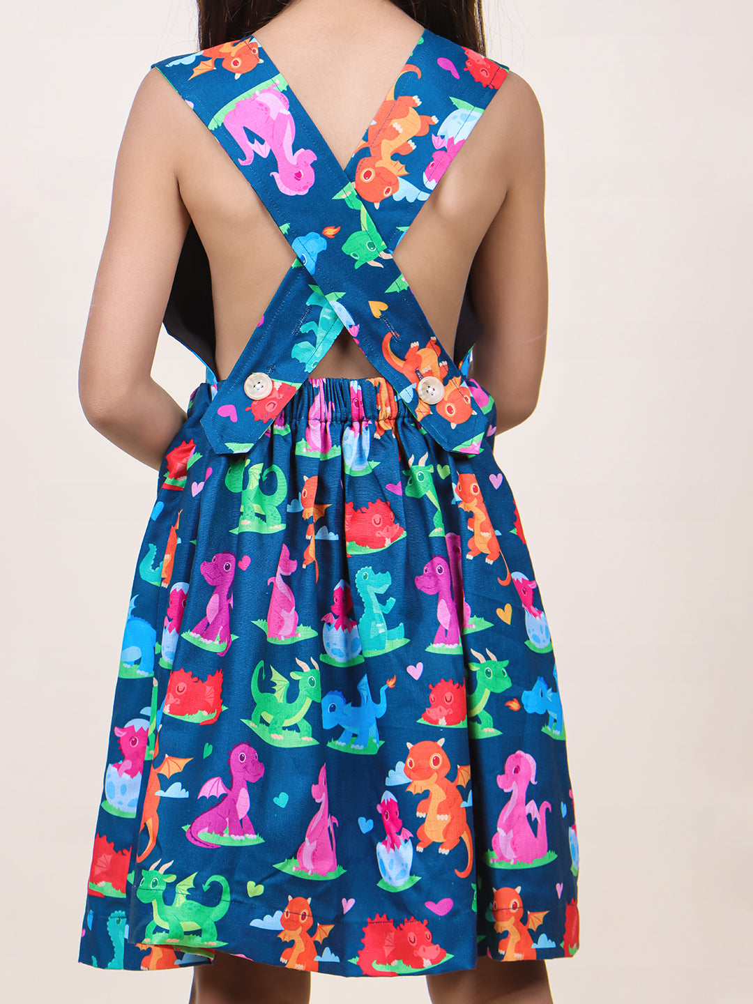 Girls Navy Blue Animal Printed Cotton Dress