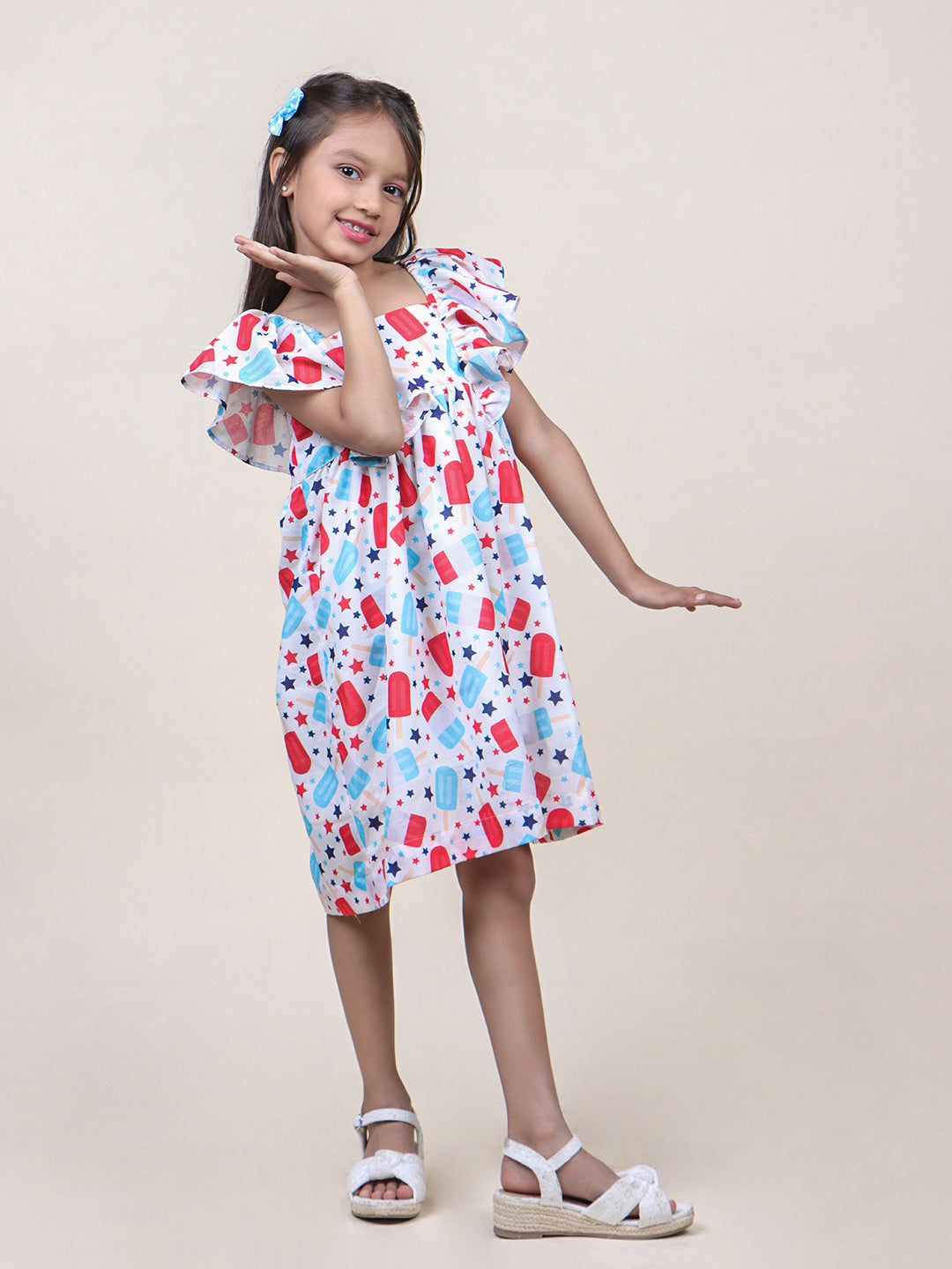 Girls Candy Printed White Cotton Dress