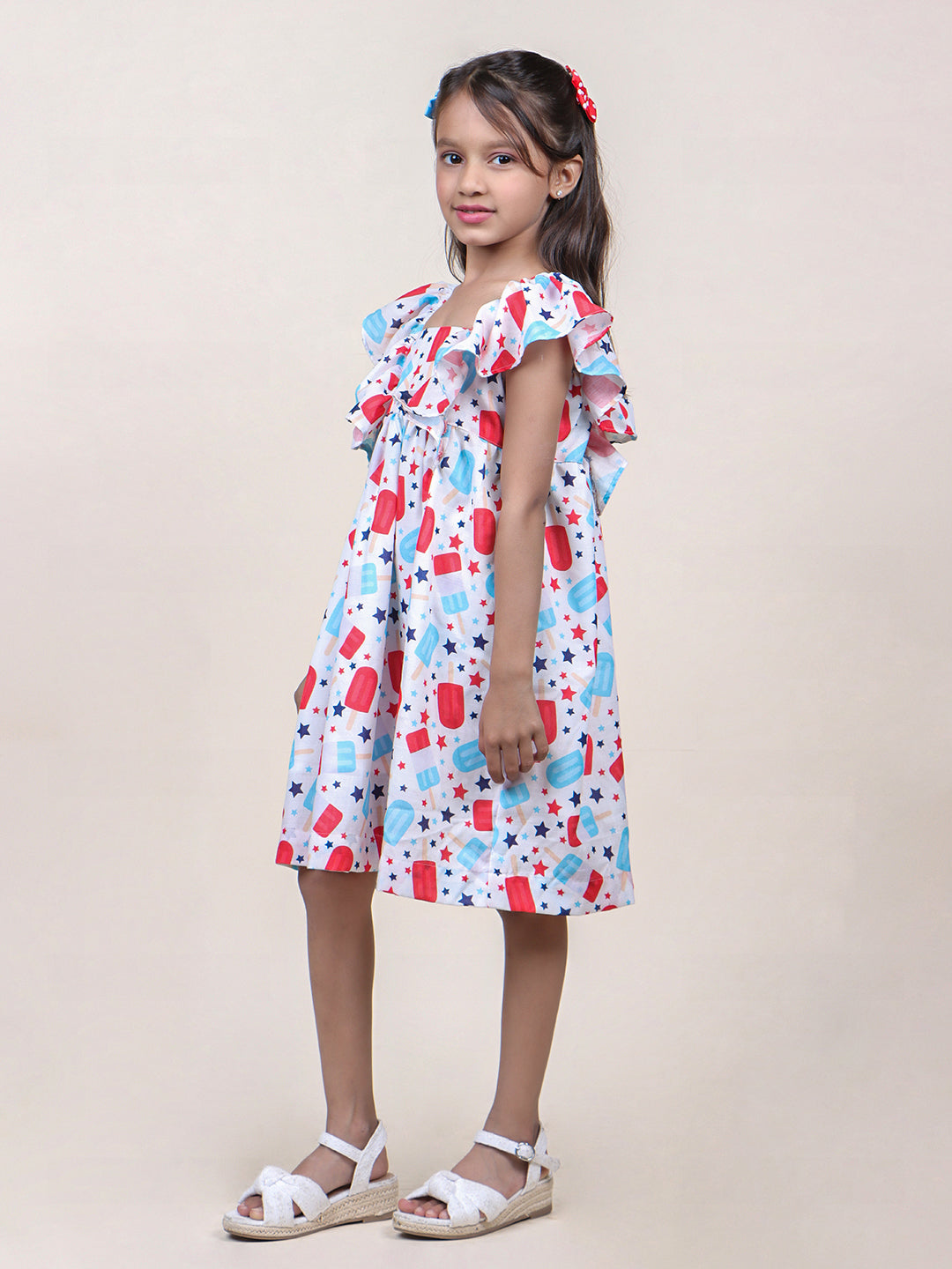 Girls Candy Printed White Cotton Dress