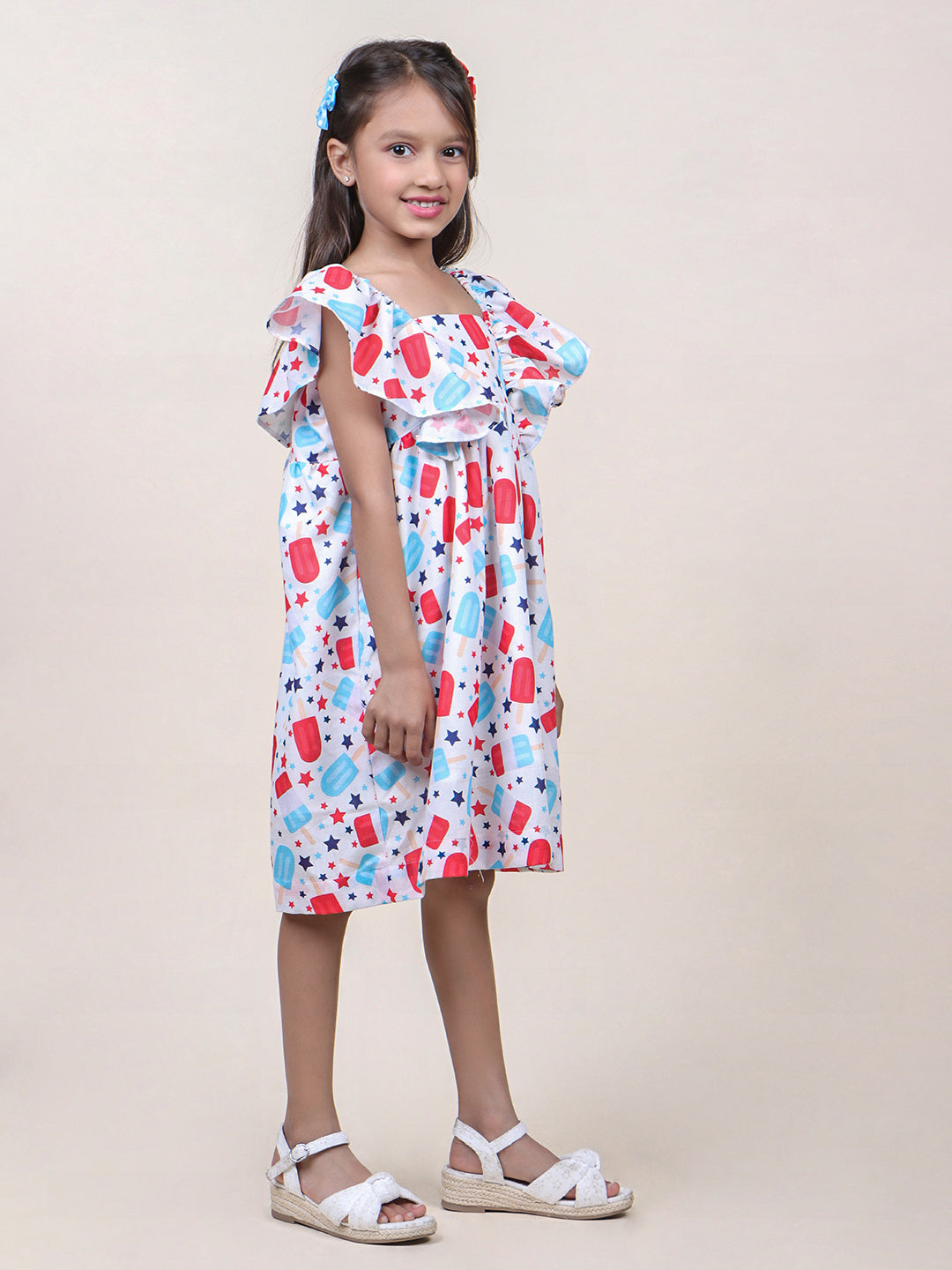 Girls Candy Printed White Cotton Dress