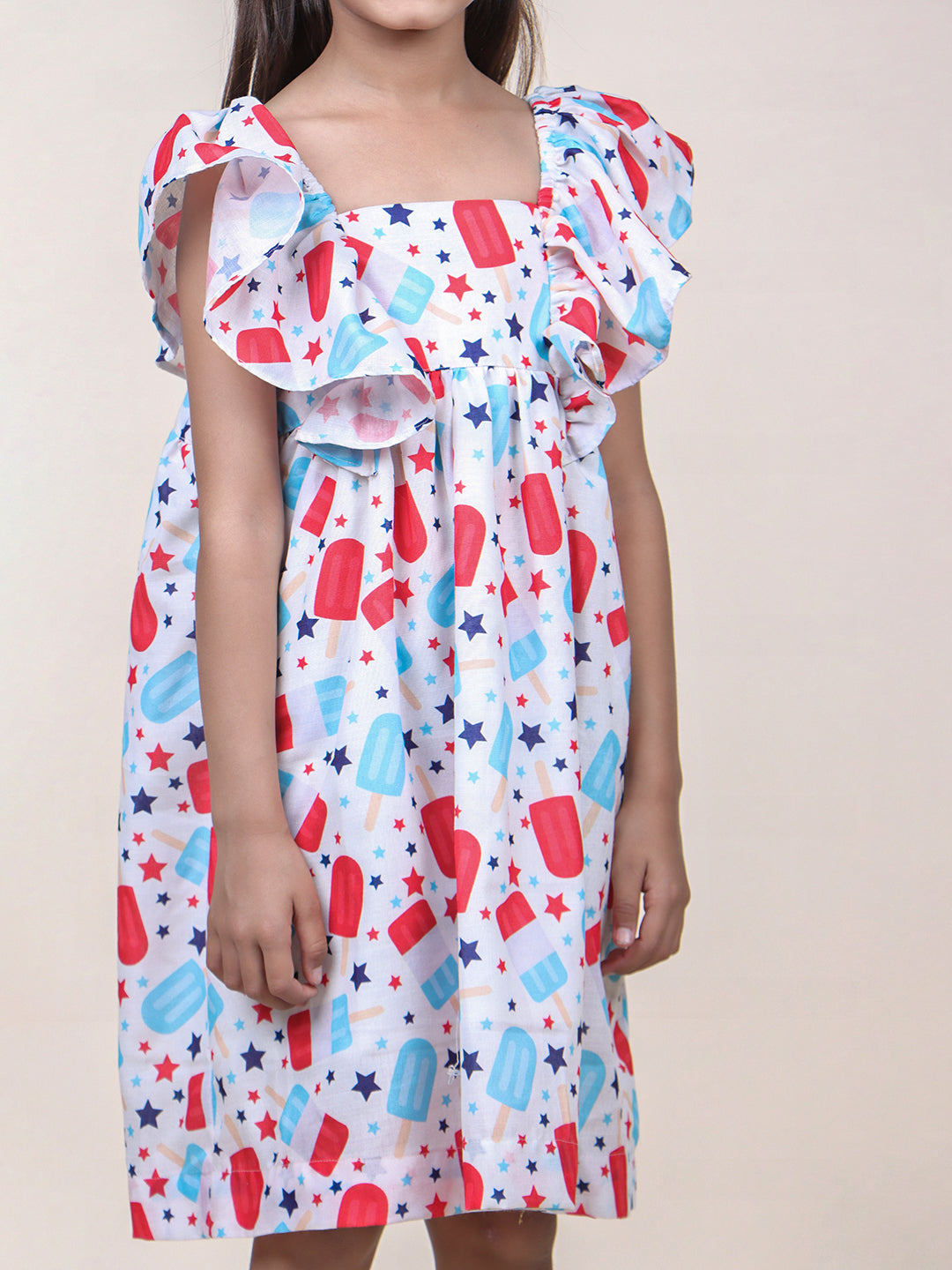 Girls Candy Printed White Cotton Dress
