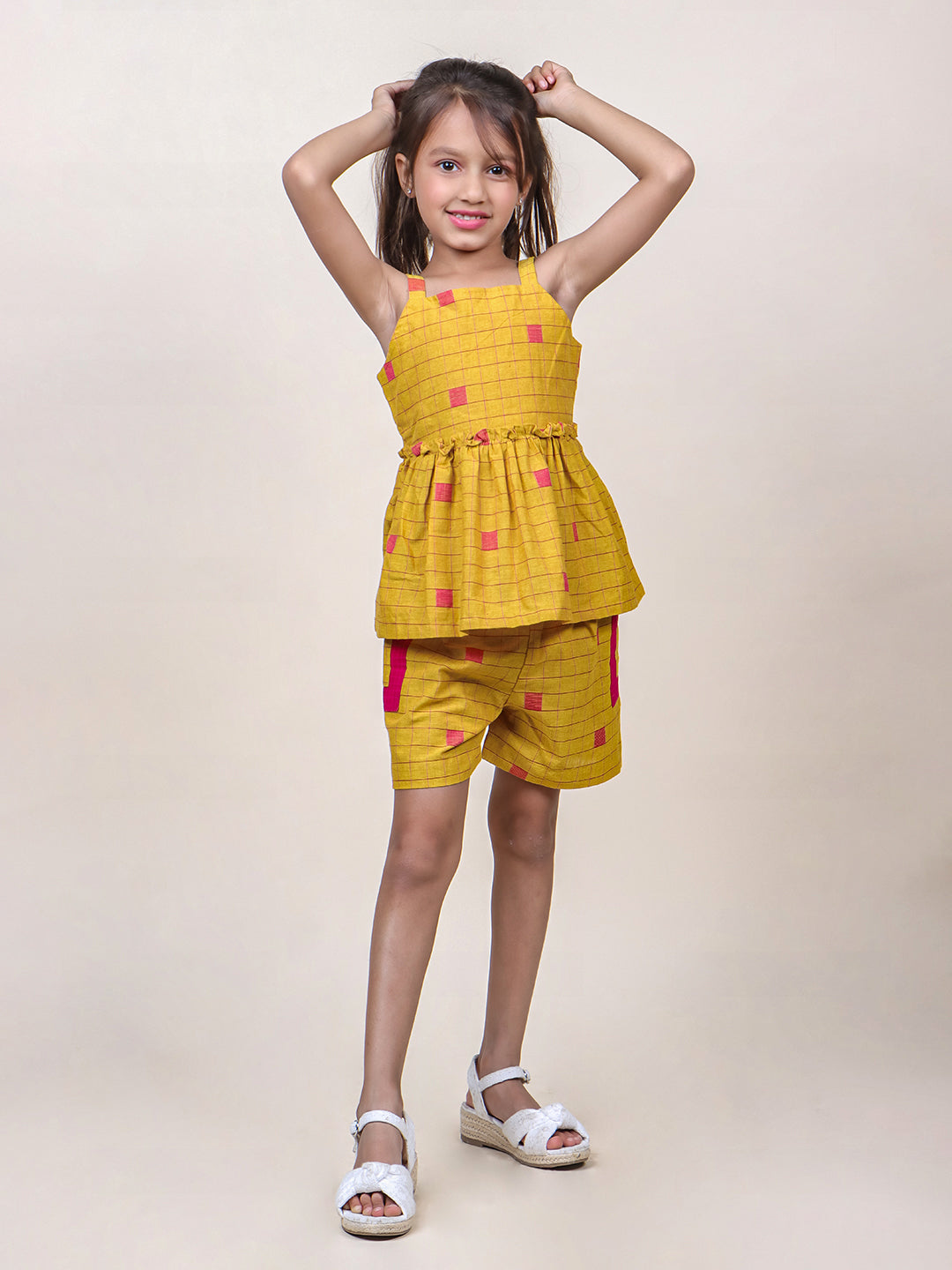 Girls Mustard Checks Cotton Top & Shorts