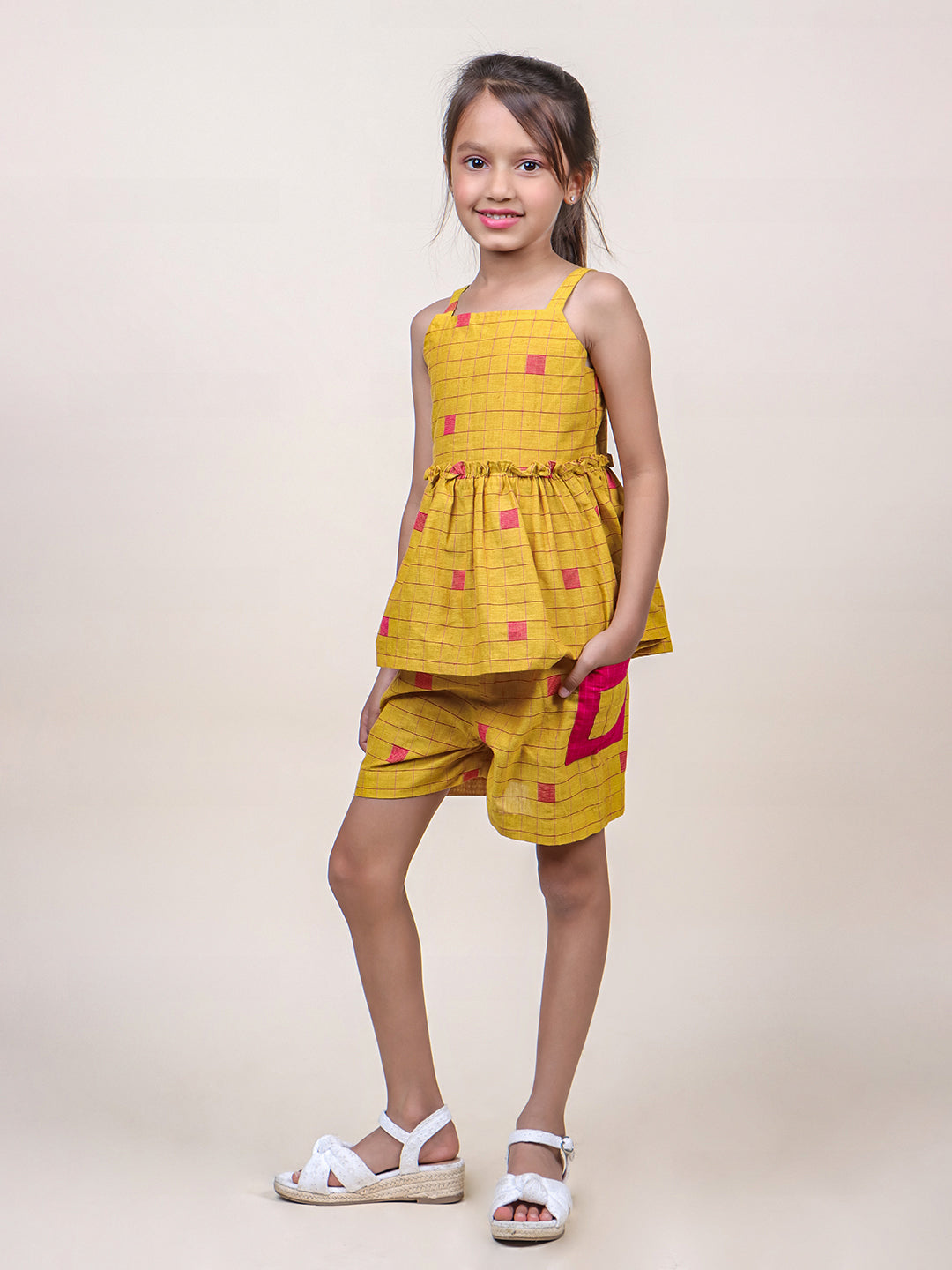 Girls Mustard Checks Cotton Top & Shorts