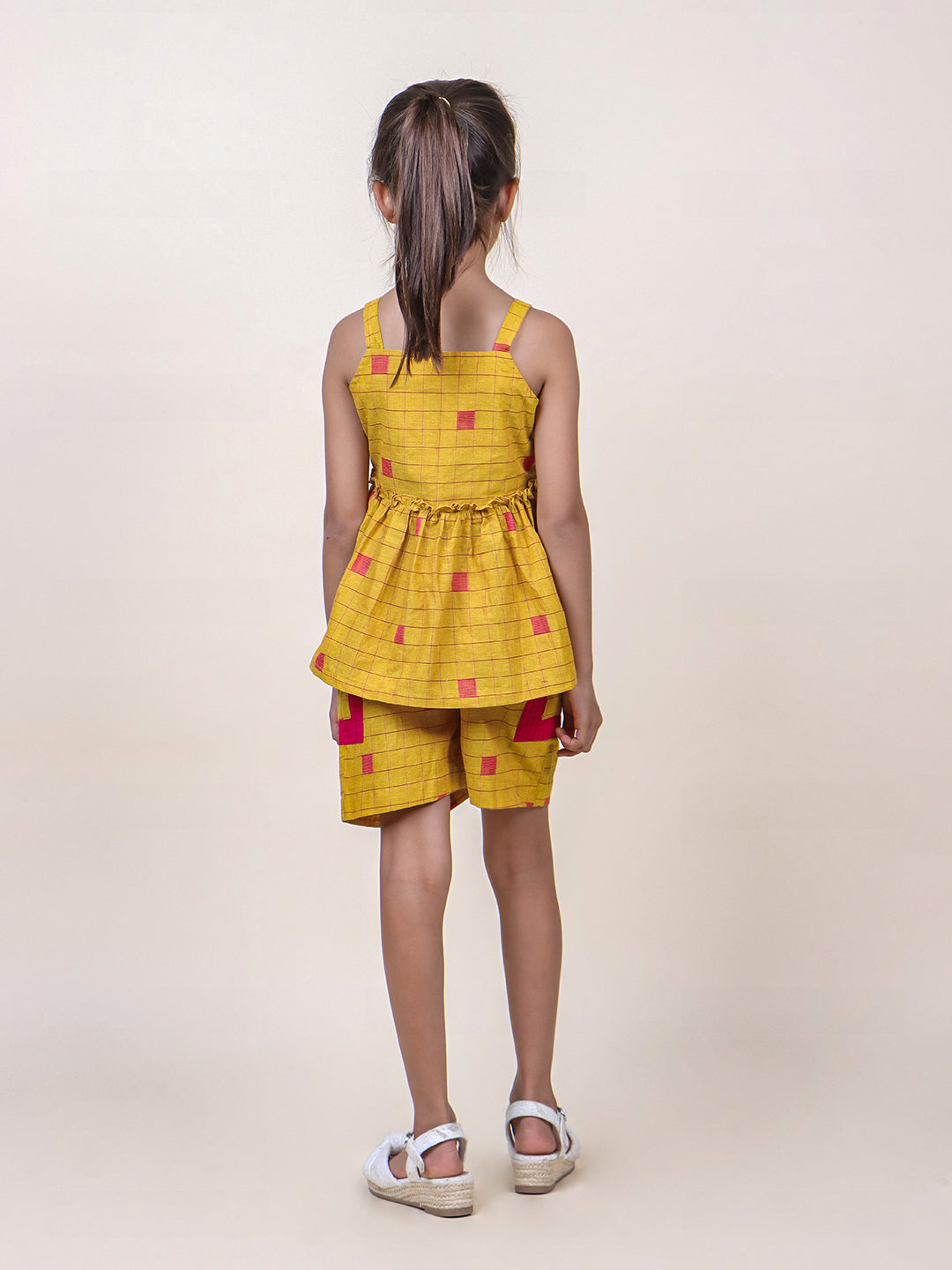 Girls Mustard Checks Cotton Top & Shorts