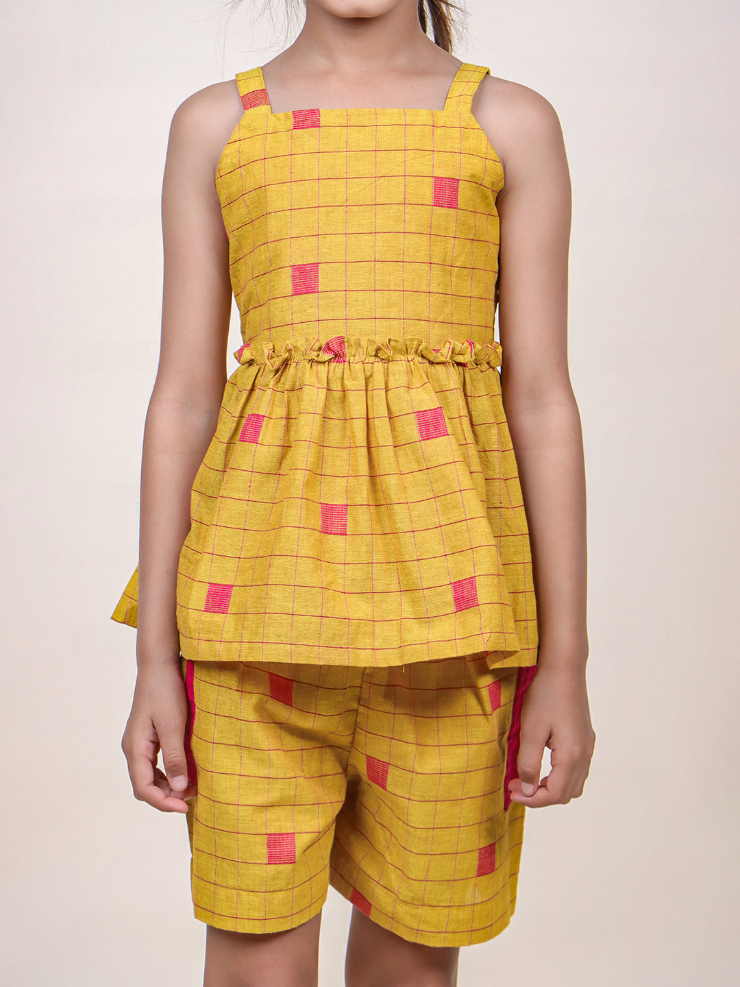 Girls Mustard Checks Cotton Top & Shorts