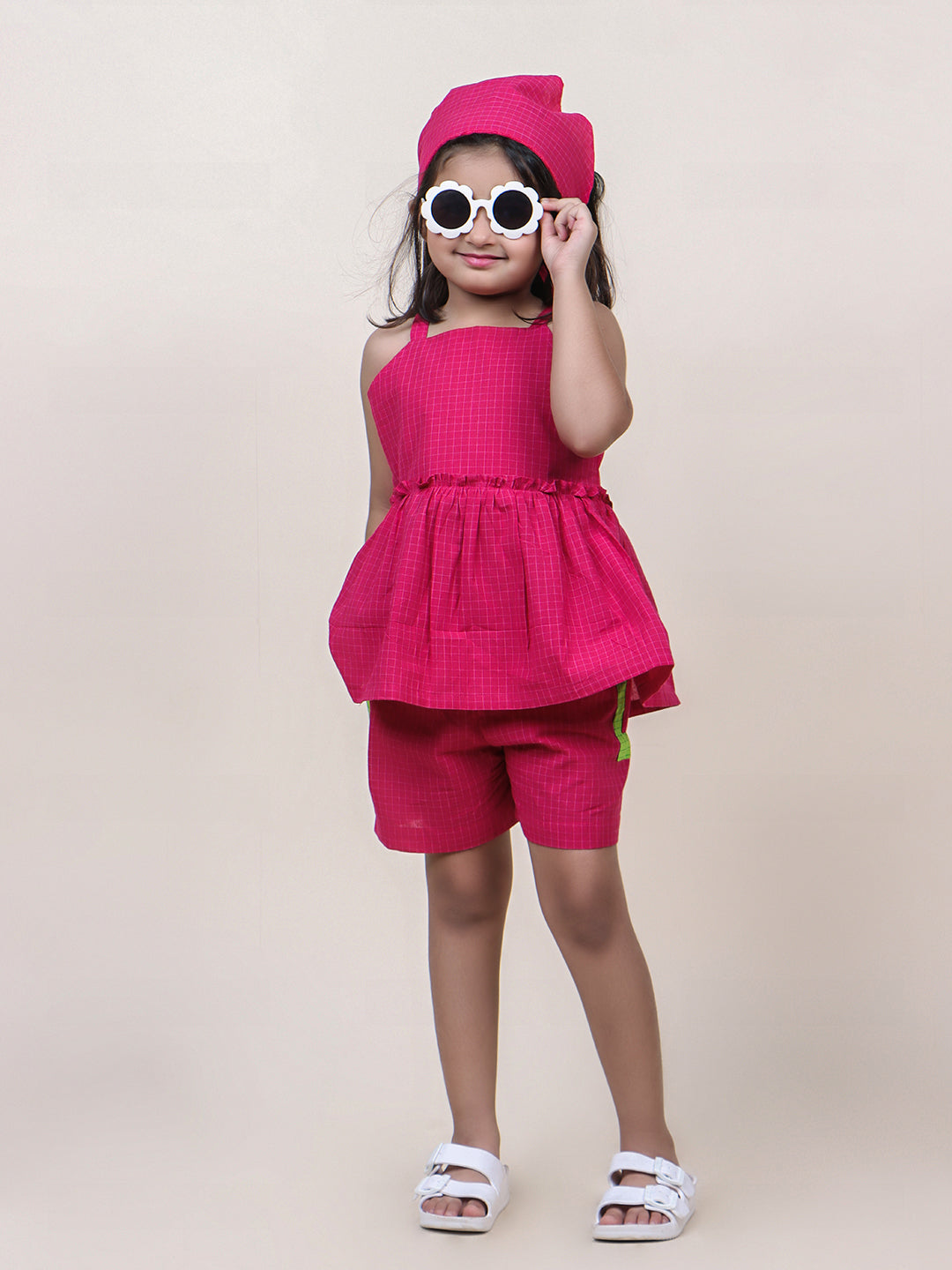 Girls Pink Checks Cotton Top & Shorts