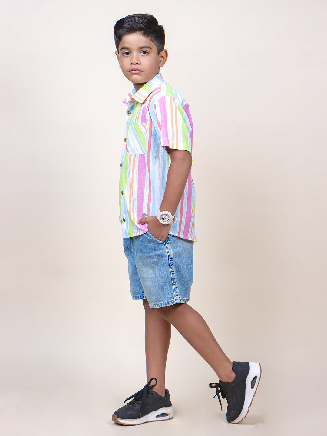 Boys Neon Stripes Half Sleeve Cotton Shirt