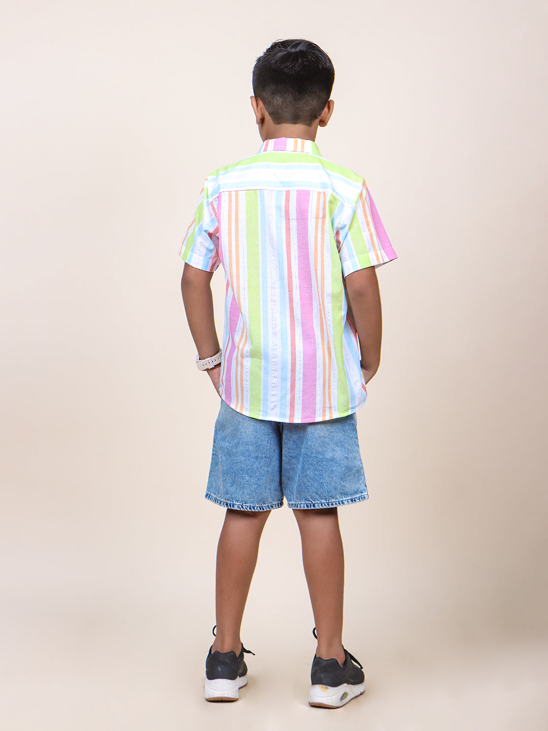 Boys Neon Stripes Half Sleeve Cotton Shirt