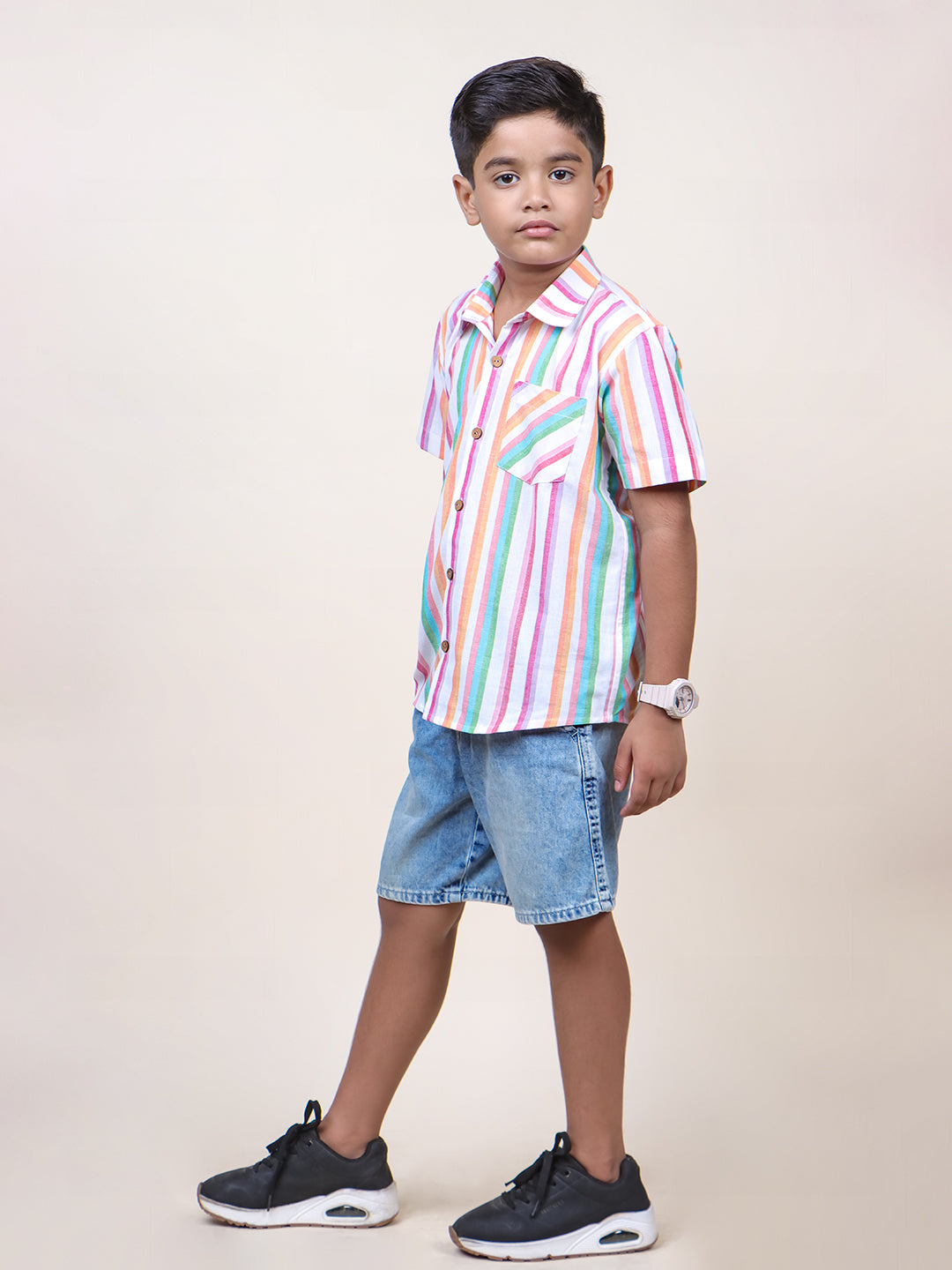 Boys Pink Stripes Half Sleeve Cotton Shirt