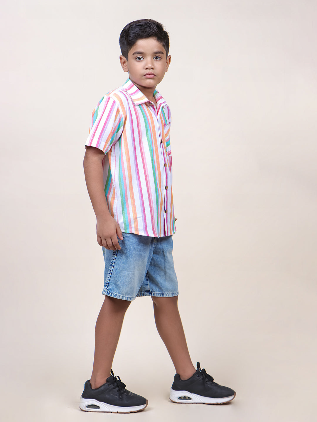 Boys Pink Stripes Half Sleeve Cotton Shirt