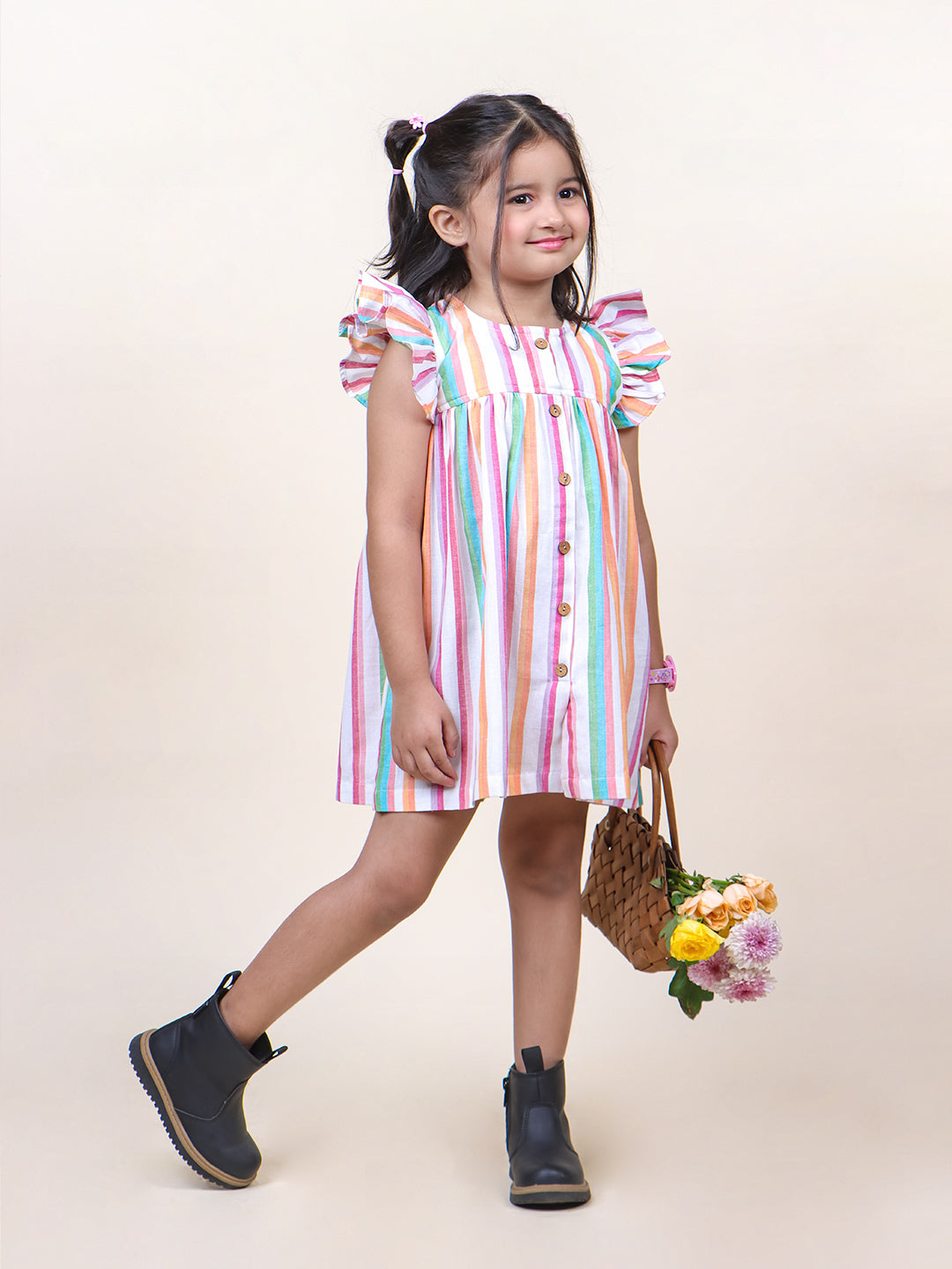 Girls Multicolor Stripes Cotton Mini dress