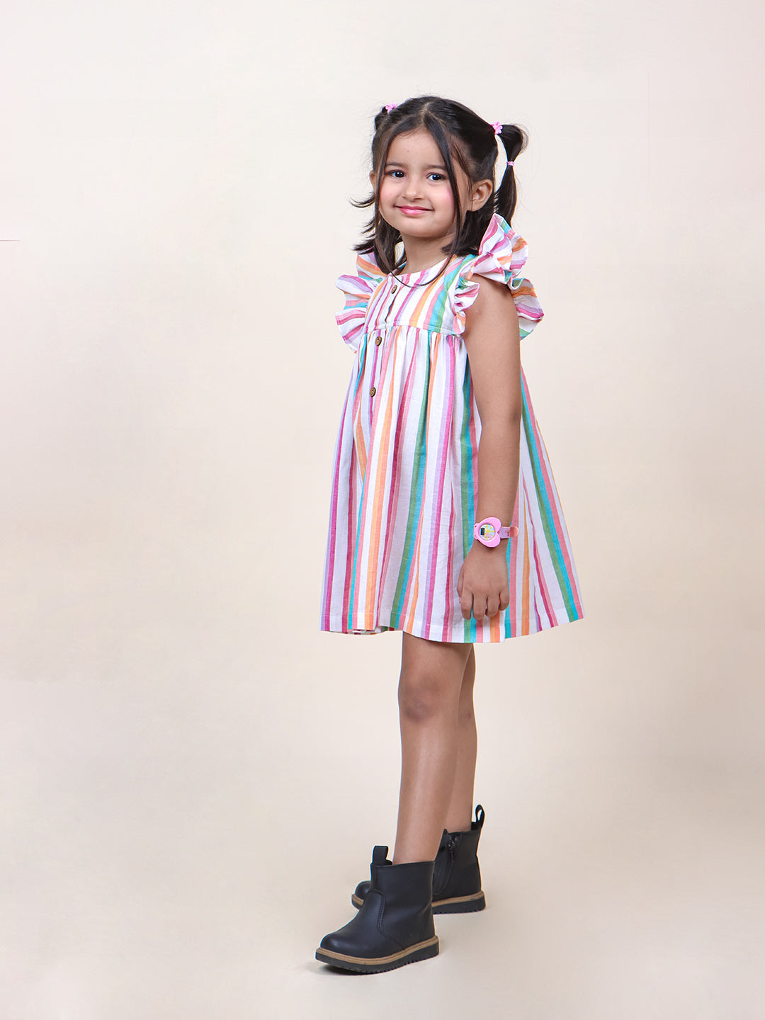 Girls Multicolor Stripes Cotton Mini dress