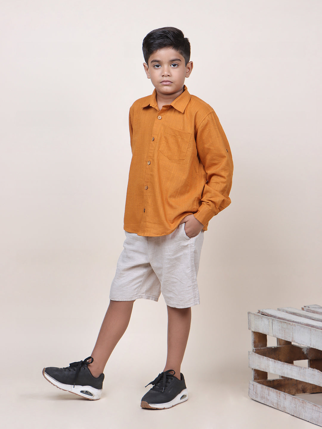Boys Ochre Rolled Up Cotton Shirt