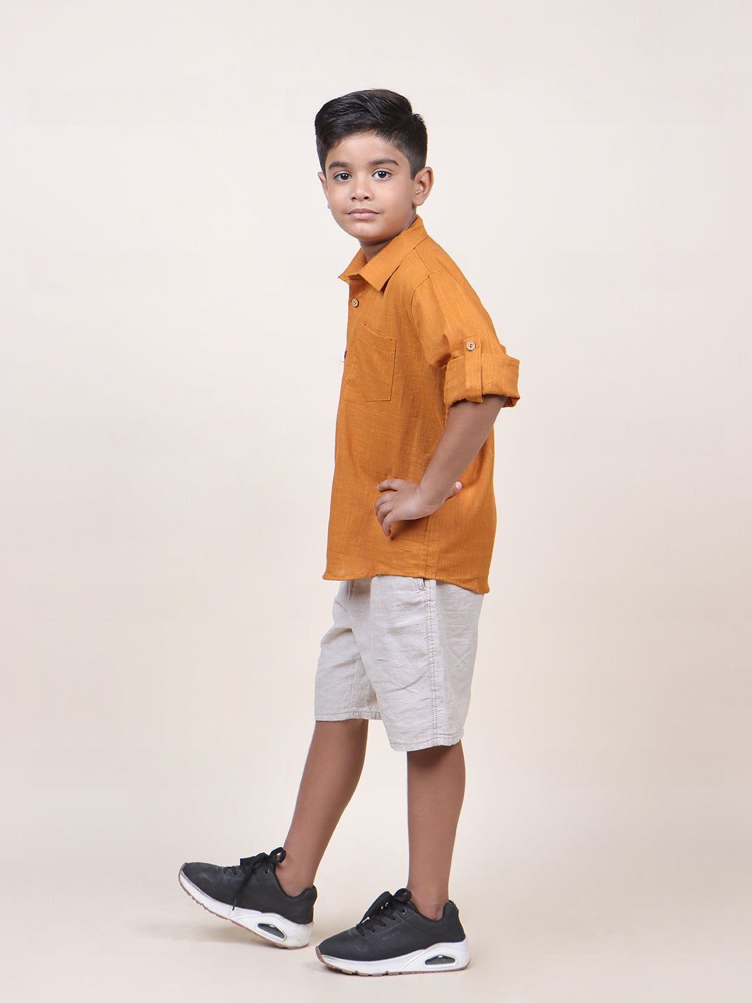 Boys Ochre Rolled Up Cotton Shirt