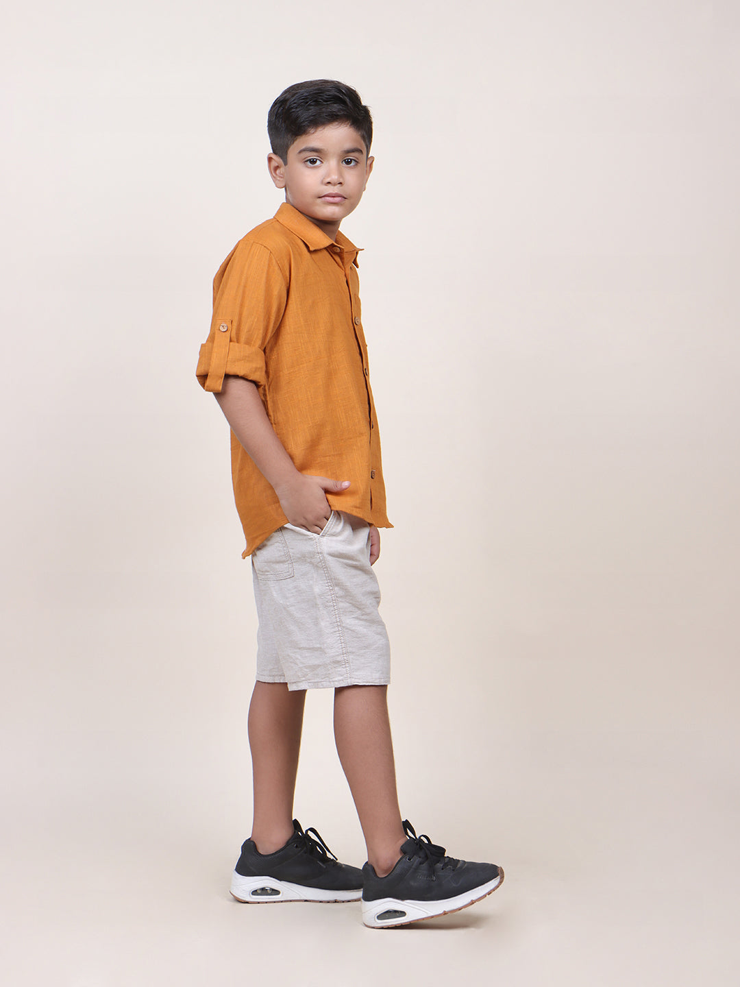 Boys Ochre Rolled Up Cotton Shirt