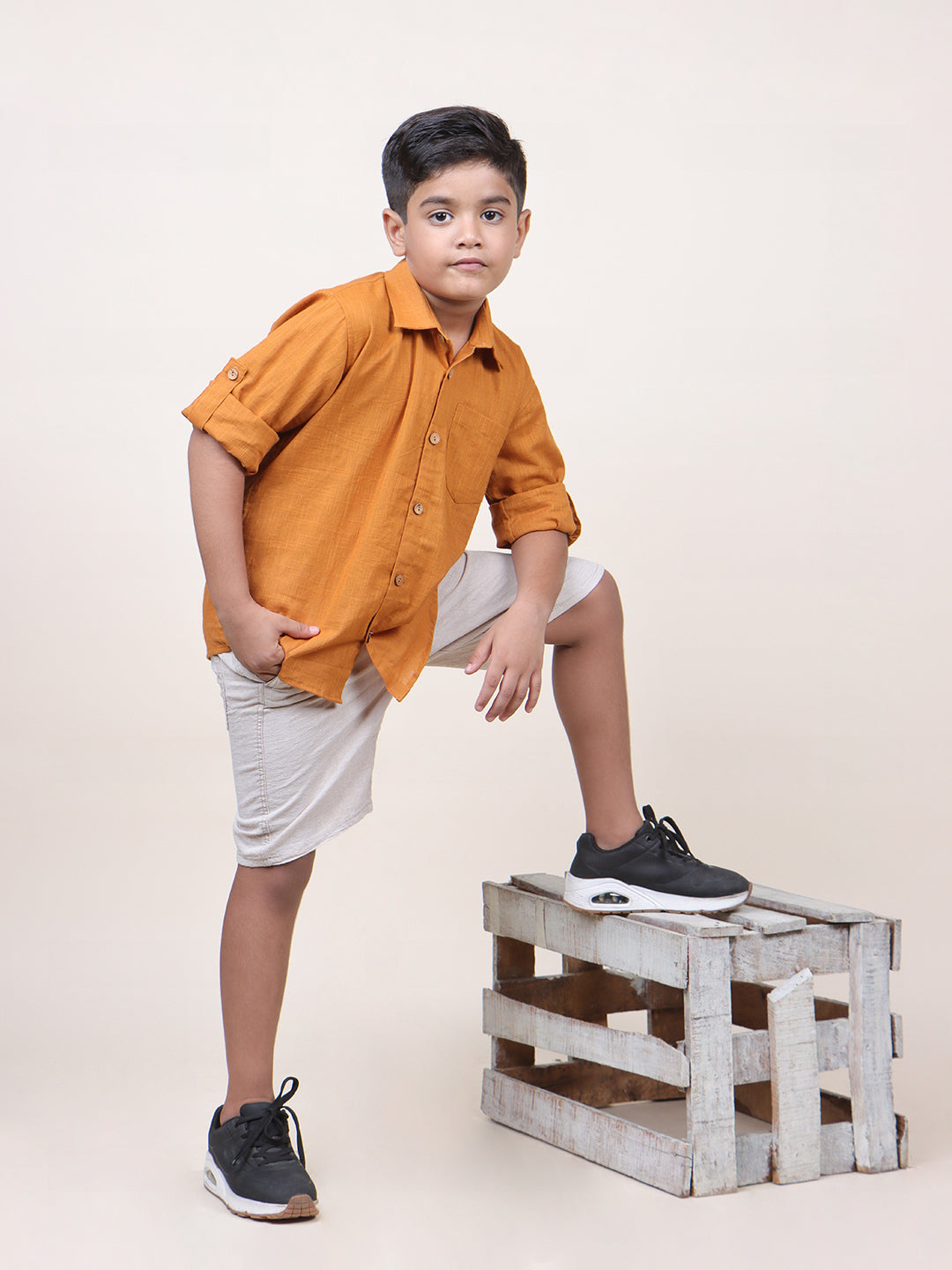 Boys Ochre Rolled Up Cotton Shirt